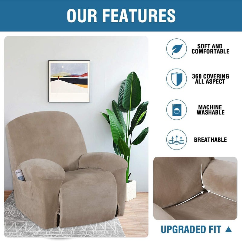 H.VERSAILTEX Real Velvet Recliner Couch Cover Stretch Slip Cover for Recliner Chairs 1 Piece Non Slip Covers for Recliner Chair with Pocket, Washable Reclining Chair for Kids, Pets (Taupe, Large) - Image 4